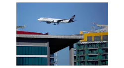 San Diego, CA - February 1: A Lufthansa jet approaches San Diego International Airport for a landing from Munich on February 1, 2023.