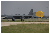 A B-52 Stratofortress arrives at Joint Base San Antonio. The aircraft will undergo instillation of an upgraded radar system manufactured by RTX.