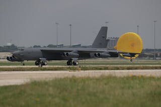 A B-52 Stratofortress arrives at Joint Base San Antonio. The aircraft will undergo instillation of an upgraded radar system manufactured by RTX.