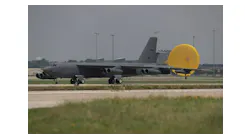 A B-52 Stratofortress arrives at Joint Base San Antonio. The aircraft will undergo instillation of an upgraded radar system manufactured by RTX.