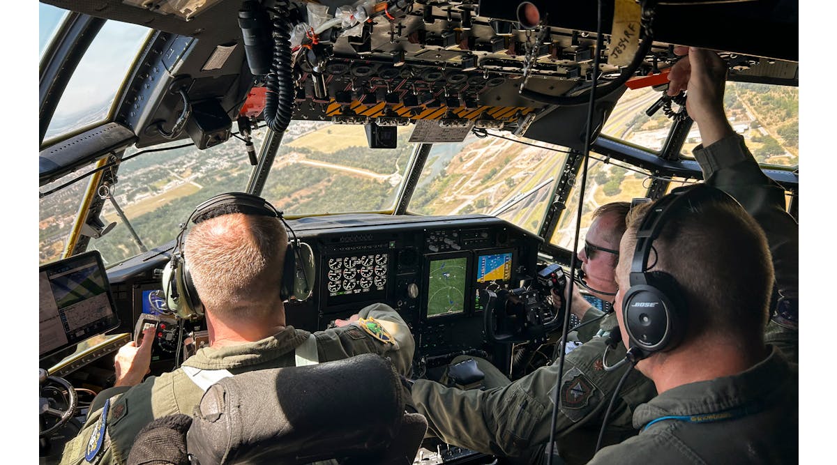 Aircrew test out a C-130H Hercules new digital displays for the first time Aug. 2, 2023, on a flight to Eglin Air Force Base, Fla. The major upgrade, called Avionics Modernization Program Increment 2, is a significant improvement to the almost 60-year-old aircraft&rsquo;s avionics and navigation systems.