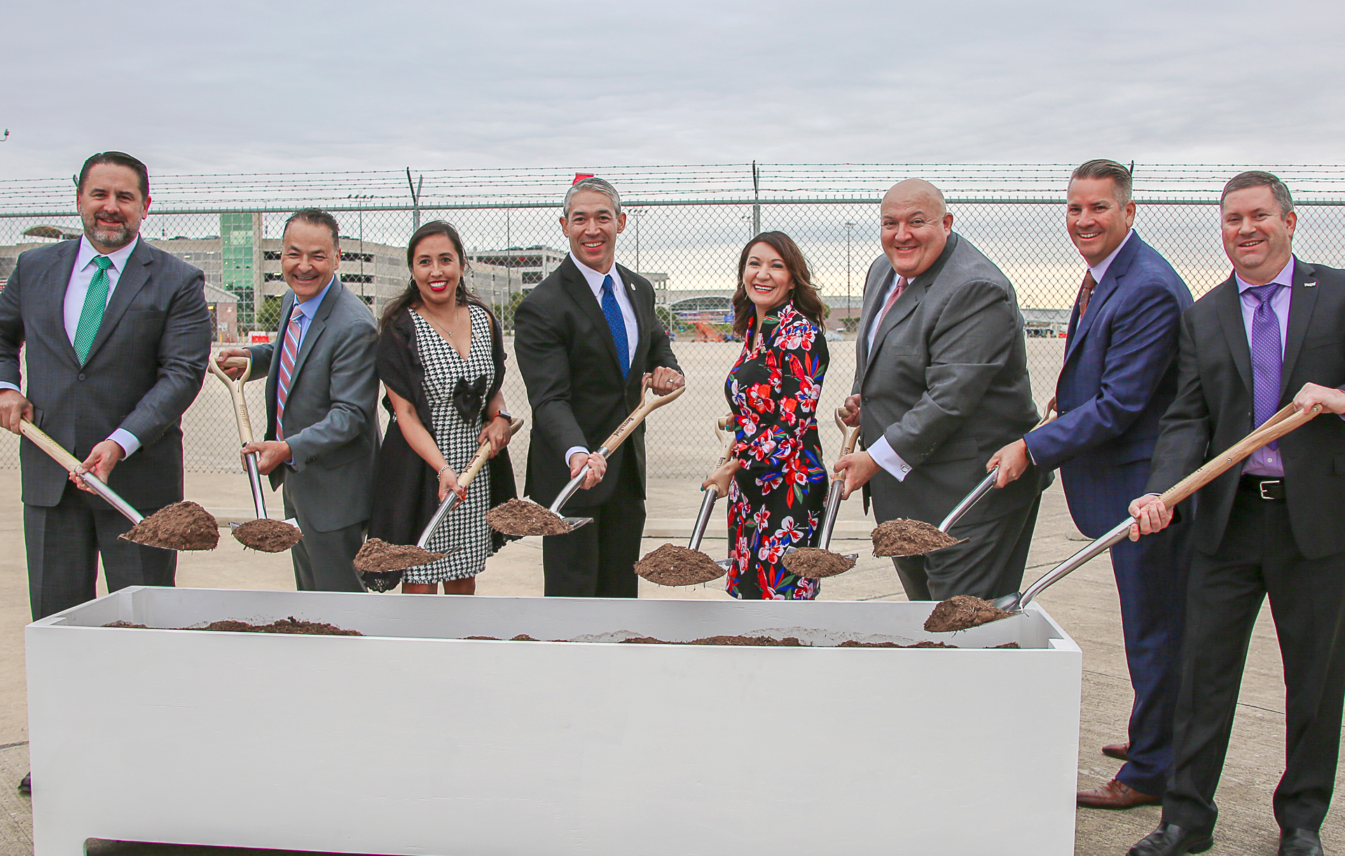 Left to Right: Erik Walsh, San Antonio City Manager; Ignacio Flores, Director of the FAA Southwest Region; Adriana Rocha Garcia, City Councilwoman, District 4; Ron Nirenberg, Mayor of San Antonio; Melissa Cabello Havrda, Councilwoman, District 6; Jesus H. Saenz, Jr., Director of Airports, San Antonio Airport System; Dwight Runkels, Hensel Phelps; Paul Bielamowicz, Hansel Phelps