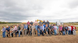 City, state, and federal officials, Choctaw Nation Leadership and tribal members break ground where a new Emerging Aviation Technology Center will be located.