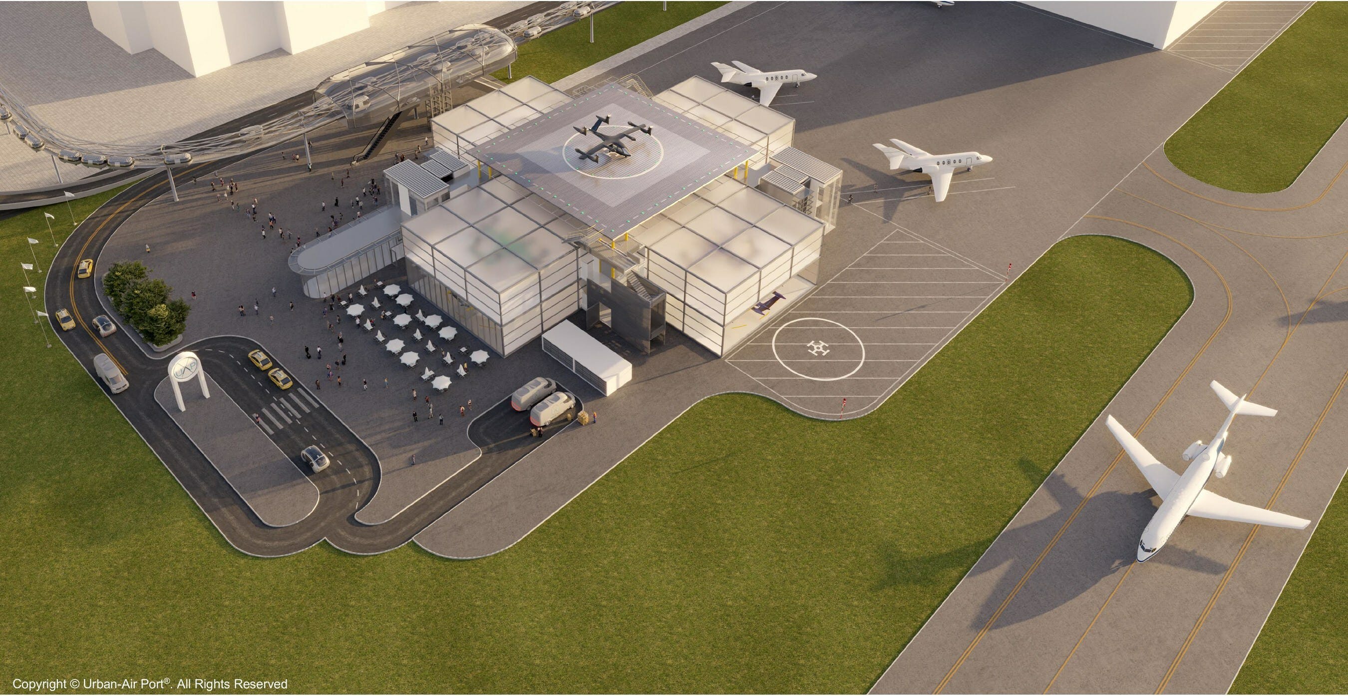 Visualization of Urban-Air Port&rsquo;s Next-Generation AirOne Vertiport at an airport location.