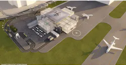 Visualization of Urban-Air Port’s Next-Generation AirOne Vertiport at an airport location. Visualization of Urban-Air Port’s Next-Generation AirOne Vertiport at an airport location.