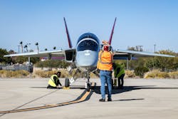 The first T-7A Red Hawk taxis at Edwards Air Force Base, Calif., Nov. 8, 2023. The aircraft’s test campaign is being executed by the T-7A Integrated Test Force, part of the Airpower Foundations Combined Test Force in association with the 416th Flight Test Squadron. The Integrated Test Force is a partnership between the USAF and T-7A manufacturer, The Boeing Company. The first T-7A Red Hawk taxis at Edwards Air Force Base, Calif., Nov. 8, 2023. The aircraft’s test campaign is being executed by the T-7A Integrated Test Force, part of the Airpower Foundations Combined Test Force in association with the 416th Flight Test Squadron. The Integrated Test Force is a partnership between the USAF and T-7A manufacturer, The Boeing Company.