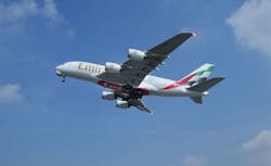Emirates A380 taking off on 100 percent SAF. Emirates A380 taking off on 100 percent SAF.