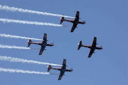 The Air Force Roulettes performing the aerobatic display using SAF. The Air Force Roulettes performing the aerobatic display using SAF.