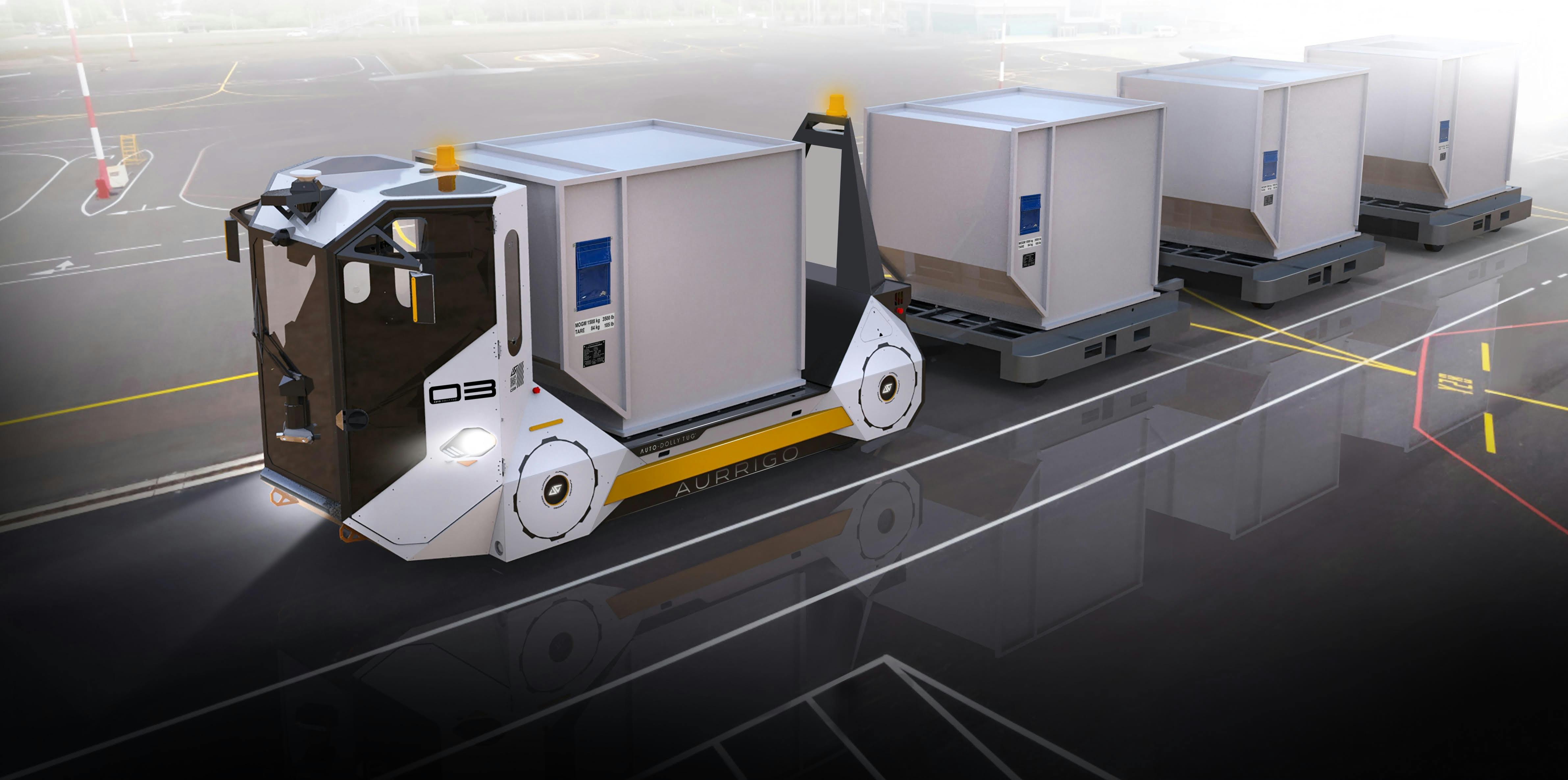 Aurrigo Auto-DollyTug and three trailers demonstrating ability to carry four ULD (standard luggage/cargo containers) in a shorter train length.