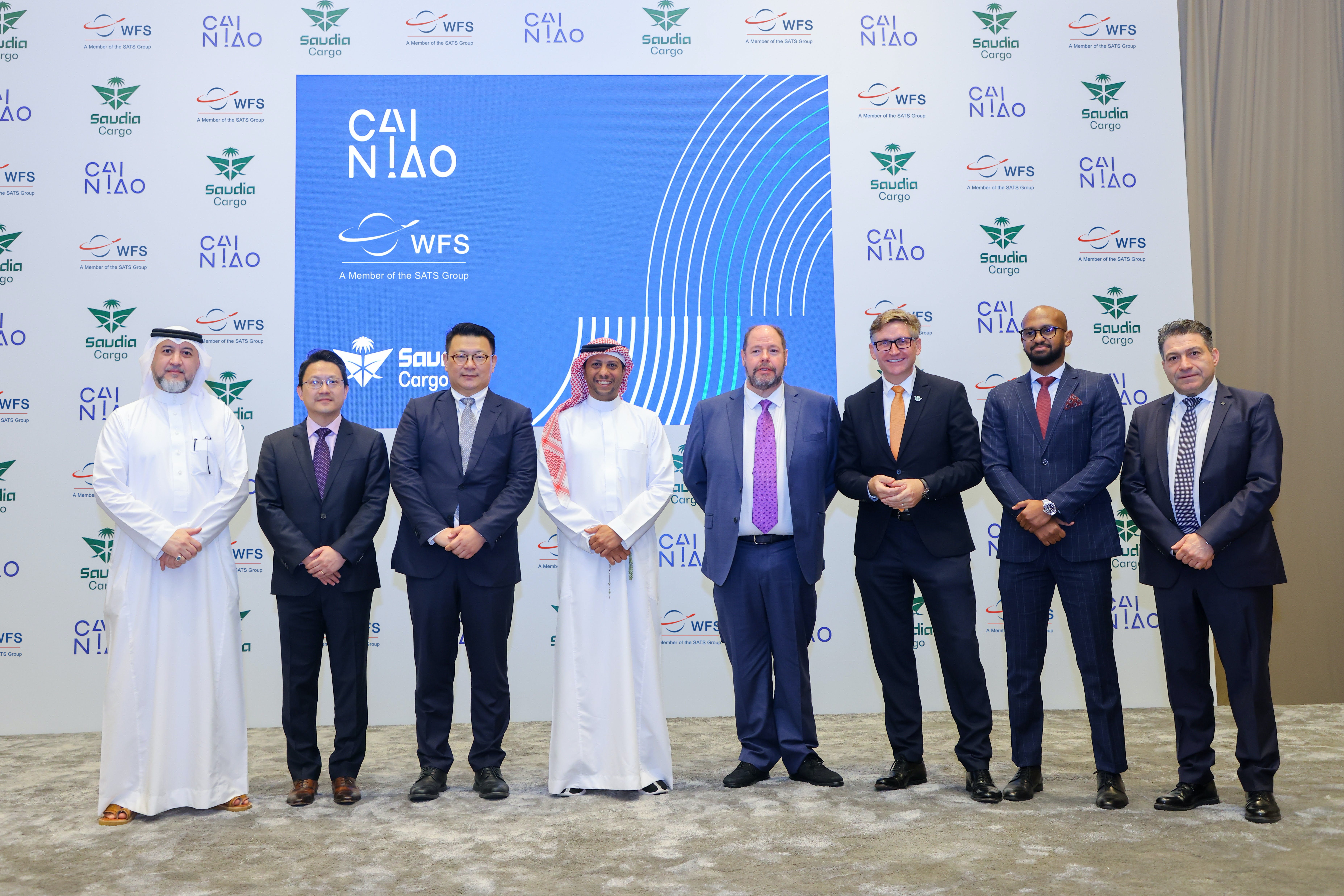 Pictured, from left, Marwan Niazi (VP Commercial, Saudia Cargo), Thomas Yu (Senior Director, Global Hub Operations and Product Development, Cainiao Group), Eric Xu (VP of Cainiao Group), Eng. Loay Mashabi (Managing Director, Saudia Cargo), John Batten (CEO EMEAA, WFS/SATS), Teddy Zebtiz (CEO, Saudia Cargo), Mohanned Badri (VP Operations, Saudia Cargo), Assaad Sfeir (Key Account Director, Group Commercial, WFS/SATS).