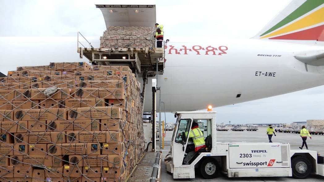 Swissport unloading flowers at Brussels Airport