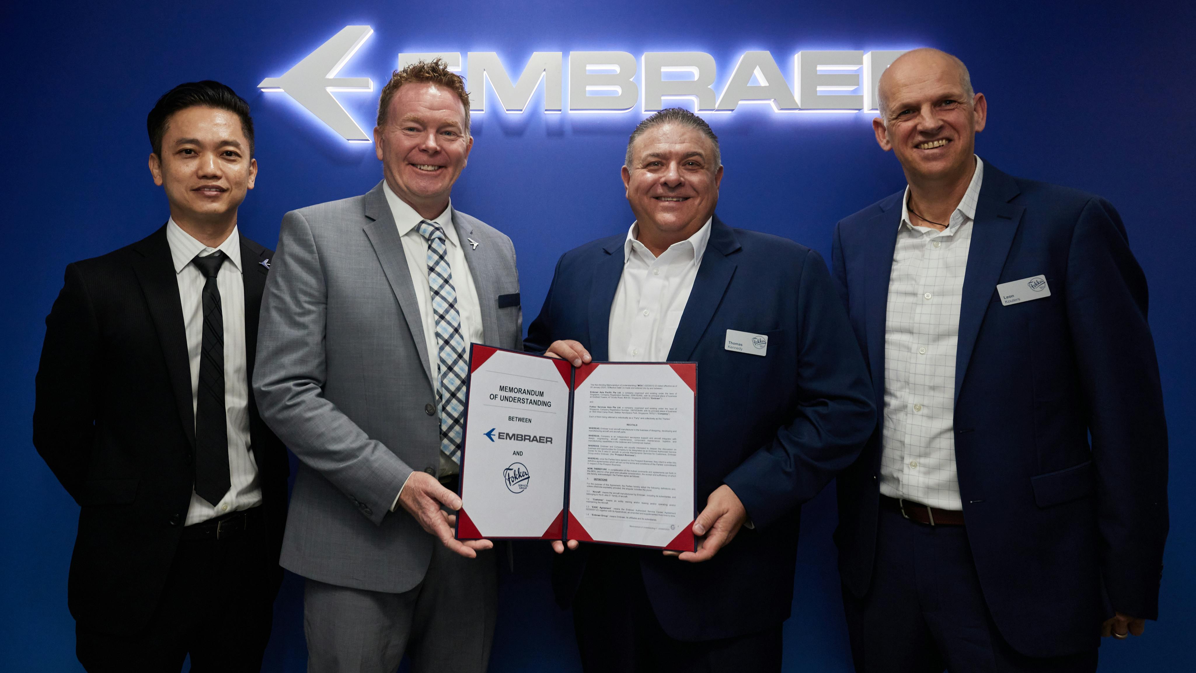 From L to R: Jonas Yap, Embraer Frank Stevens, Vice President MRO Services, Embraer Services and Support. Thomas Kennedy, Managing Director of Fokker Services Asia Leon Kouters, Vice President Marketing and Sales at Fokker Services Group