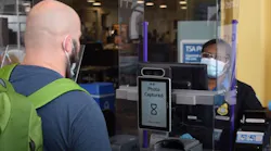A traveler removes his mask to enable the tablet to capture his photo to immediately verify that his face matches the face on his ID.