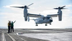A CMV-22B Osprey from the &ldquo;Titans&rdquo; of Fleet Logistics Multi-Mission Squadron (VRM) 30 lands on the flight deck of Nimitz-class nuclear aircraft carrier USS Carl Vinson (CVN 70). This evolution marked the first time the Navy&rsquo;s CMV-22B Ospreys have landed on a carrier. (Nov. 20, 2020)