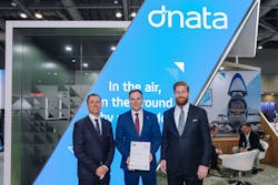 Guillaume Crozier, dnata&apos;s SVP UAE Cargo and Global Cargo Strategy (centre) presented with dnata&apos;s CEIV lithium battery certification, by Frederic Leger, SVP Commercial Products &amp; Service, IATA (left) and Brendan Sullivan, Global Head of Cargo, IATA (right) at IATA World Cargo Symposium in Hong Kong.