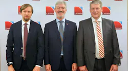From left, Jussi Lemola, Vice President, Global Operations - Cargo at Swissport, CHAMP CEO Chris McDermott, and Andrew Wareham, Manager Global Operations at Swissport.