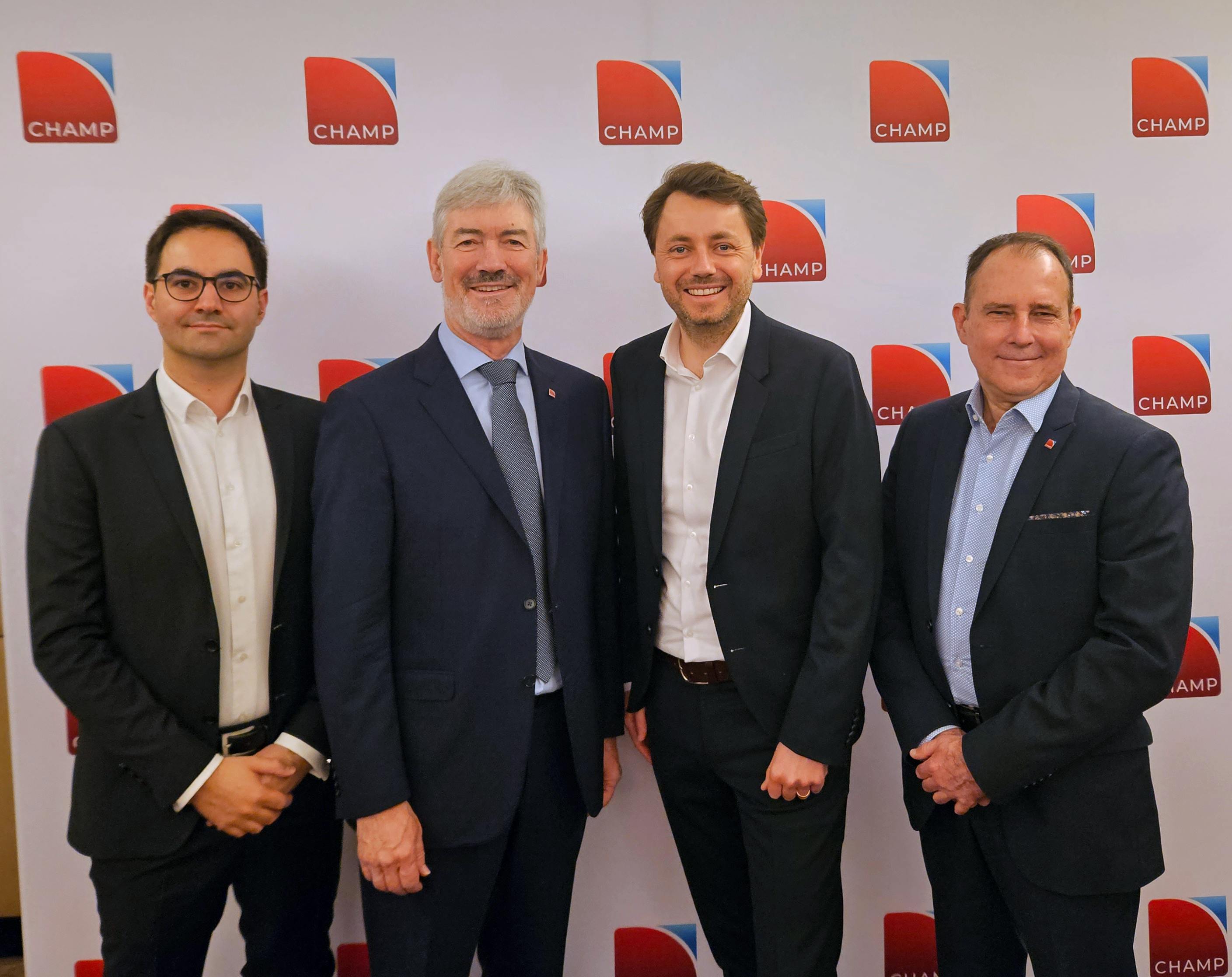 From left, Lucas Fernandez, CHAMP VP of Innovation and Insights, Chris McDermott, CHAMP CEO, Marvin Ehrmann, Head of Airbus' OpenCargoLab, and Stephane Noll, CHAMP Head of Engagement and Transformation.