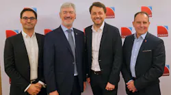 From left, Lucas Fernandez, CHAMP VP of Innovation and Insights, Chris McDermott, CHAMP CEO, Marvin Ehrmann, Head of Airbus' OpenCargoLab, and Stephane Noll, CHAMP Head of Engagement and Transformation.