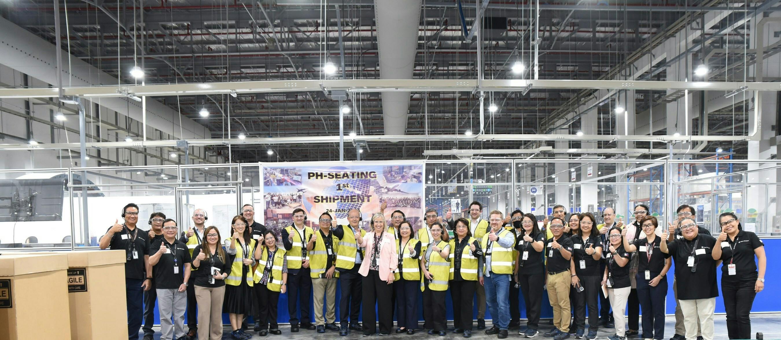Collins Aerospace&rsquo;s Tanauan City facility celebrates the first commercial seating shipment to a customer in January 2024.