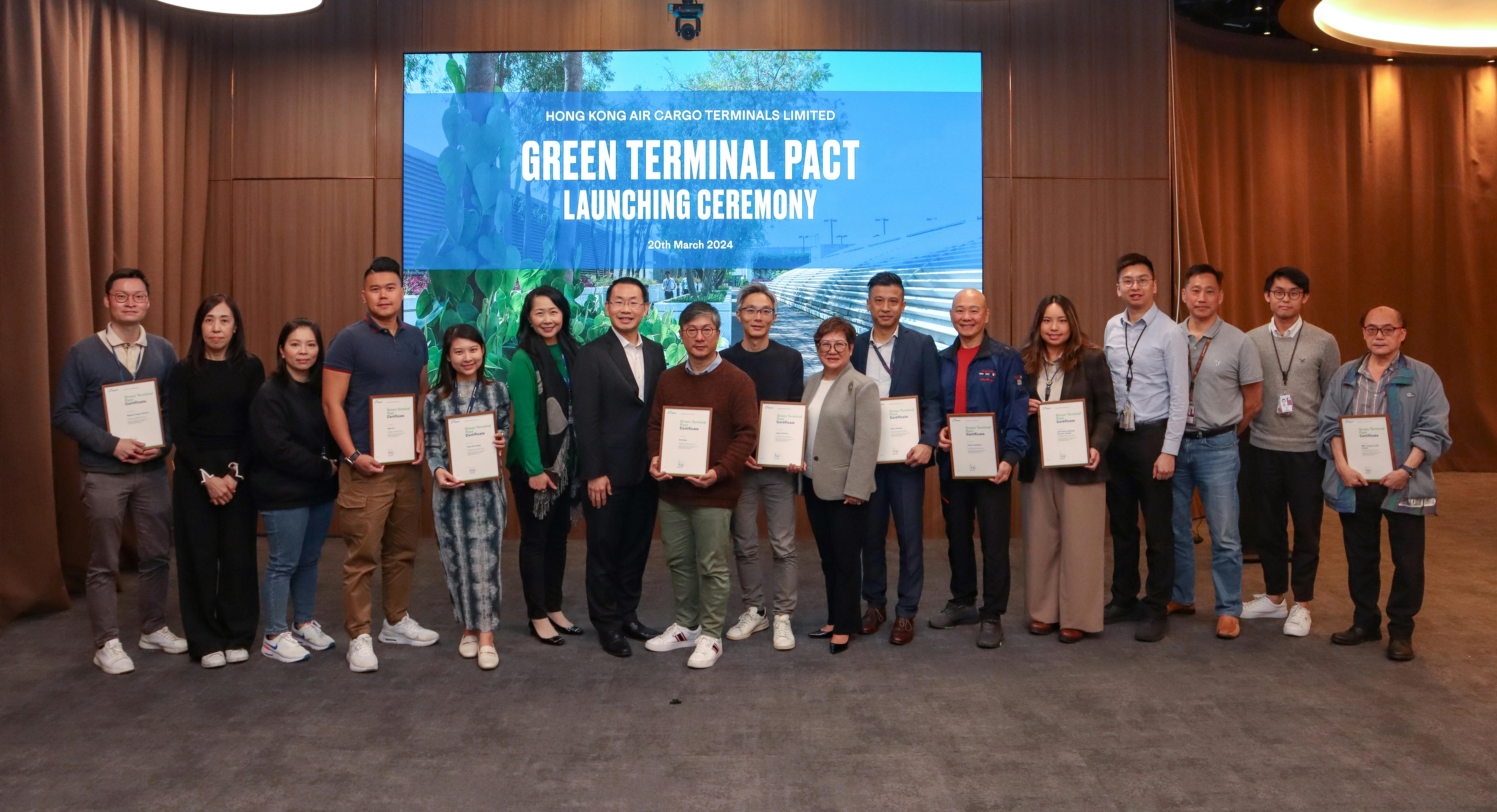 Representatives of Hactl&rsquo;s office tenants receive their official Pledge Certificates at the Green Terminal Pact Launch Ceremony. Tenants occupying over 70 percent of SuperTerminal 1&rsquo;s rented office space have already committed to the Pact.