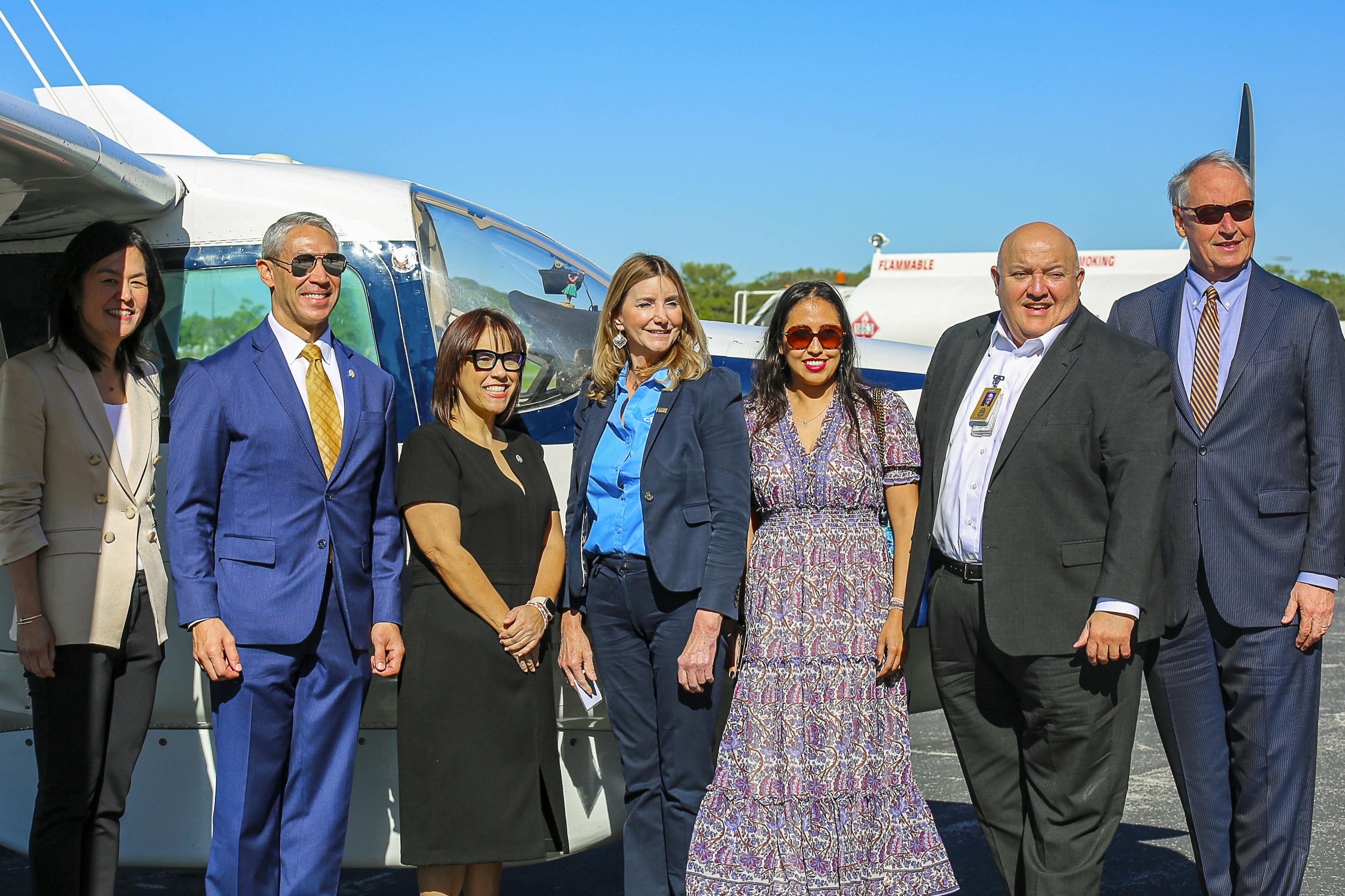 From left, ARPA-E Director Evelyn Wang, Mayor Ron Nirenberg, District 3 Councilwoman Phyllis Viagran, CPS Energy Vice President of Customer Value Karma Nilsson, District 4 Councilwoman Dr. Adriana Rocha Garcia, Director of Airports Jesus Saenz and UTSA President Dr. Taylor Eighmy