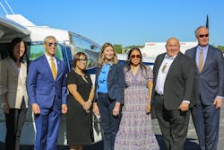 From left, ARPA-E Director Evelyn Wang, Mayor Ron Nirenberg, District 3 Councilwoman Phyllis Viagran, CPS Energy Vice President of Customer Value Karma Nilsson, District 4 Councilwoman Dr. Adriana Rocha Garcia, Director of Airports Jesus Saenz and UTSA President Dr. Taylor Eighmy