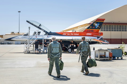 Secretary of the Air Force Frank Kendall prepares to fly in the X-62 VISTA during a visit to Edwards Air Force Base, Calif., May 2, 2024.