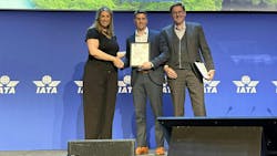IATA’s director of ground operations Monika Mejstrikova presents a certificate to Menzies Aviation. IATA’s director of ground operations Monika Mejstrikova presents a certificate to Menzies Aviation.