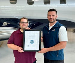 Sonoma Aviation’s Josh Foster, safety manager, and Clayton Lackey, vice president, present their IS-BAH Stage 3 certification. Sonoma Aviation’s Josh Foster, safety manager, and Clayton Lackey, vice president, present their IS-BAH Stage 3 certification.