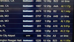 A flight information board shows delayed Southwest Airlines flights at Chicago Midway International Airport on April 18, 2023, in Chicago. A flight information board shows delayed Southwest Airlines flights at Chicago Midway International Airport on April 18, 2023, in Chicago.