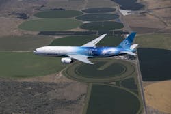 The Boeing ecoDemonstrator will test 36 technologies in the third year of testing on a 777-200ER (Extended Range). The Boeing ecoDemonstrator will test 36 technologies in the third year of testing on a 777-200ER (Extended Range).