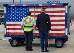 American Airlines’ military carts are dedicated baggage carts used solely to transport military human remains. Often they have an American flag painted on them and are decorated with military insignia. American Airlines’ military carts are dedicated baggage carts used solely to transport military human remains. Often they have an American flag painted on them and are decorated with military insignia.