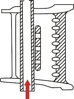 Cross-sectional view of a static blade and its cooling flow path. Cross-sectional view of a static blade and its cooling flow path.