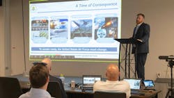 Stefan Craw, chief, Requirements, Development, Program Management and Policy Division, Headquarters, Air Force Materiel Command, discusses Air Force reoptimization with small business representatives at the Air Force Operational Imperatives and Reoptimizing for the Great Power Competition small business collider, hosted by AFMC, at the Wright Brothers Institute in Dayton, Ohio, May 23, 2024. Stefan Craw, chief, Requirements, Development, Program Management and Policy Division, Headquarters, Air Force Materiel Command, discusses Air Force reoptimization with small business representatives at the Air Force Operational Imperatives and Reoptimizing for the Great Power Competition small business collider, hosted by AFMC, at the Wright Brothers Institute in Dayton, Ohio, May 23, 2024.