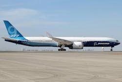 A Boeing 777-9 jetliner aircraft on the tarmac during the Dubai Airshow at Dubai World Central-Al Maktoum International Airport in Dubai on Nov. 13, 2023. A Boeing 777-9 jetliner aircraft on the tarmac during the Dubai Airshow at Dubai World Central-Al Maktoum International Airport in Dubai on Nov. 13, 2023.
