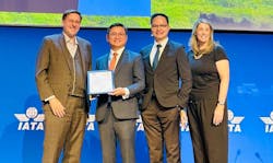 Hactl's Paul Cheng and Benny Siu (center), receive the Certificate of Recognition under the IATA Enhanced GSE Recognition Program at the IGHC from IATA's Massimo Cicetti (left) and Monika Mejstrikova (right). Hactl's Paul Cheng and Benny Siu (center), receive the Certificate of Recognition under the IATA Enhanced GSE Recognition Program at the IGHC from IATA's Massimo Cicetti (left) and Monika Mejstrikova (right).