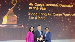 Hactl Executive Director – Commercial and Business Development Joanna Li (left) and Hactl Chief Executive Wilson Kwong (middle) receive the “Air Cargo Terminal Operation of the Year”award. Hactl Executive Director – Commercial and Business Development Joanna Li (left) and Hactl Chief Executive Wilson Kwong (middle) receive the “Air Cargo Terminal Operation of the Year”award.