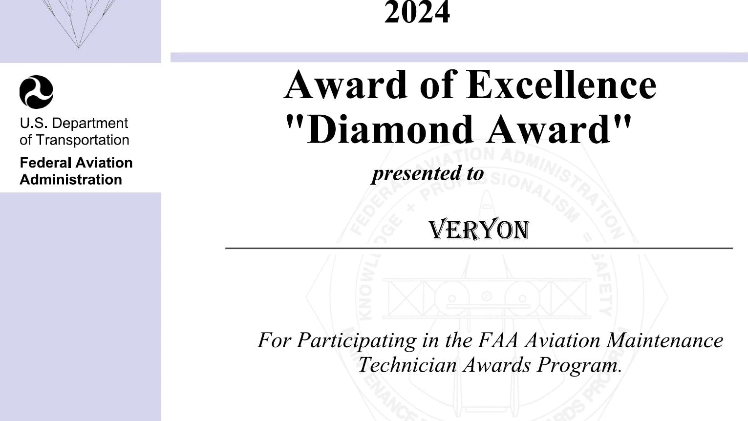 67b5f0b650a4ed7471c3b7d2 Veryon Faa Amt Diamond Award Of Excellence