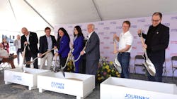 From left to right: Cris Ruebush, PGAL; Jack Archer, Austin Commercial; Ghizlane Badawi, AUS CEO; Vanessa Fuentes, Mayor Pro Tem; Kirk Watson, Mayor of Austin; Ryan Alter, Austin City Council District 5; Marc Duchen, Austin City Council District 10.