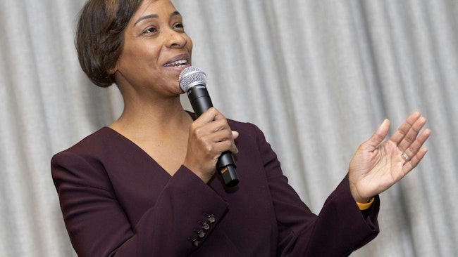 Attorney General Andrea Campbell speaks at a meeting last week with the Greater Boston Chamber of Commerce.