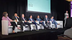 'The Big Debate' panel discussion at Americas GHI Conference in Orlando, FFL, covered critical issues facing the aviation industry. Participants included, from left: Morgan Gresens, Textron GSE; Atul Kumria, Spirit Airlines; Roger Larreur, AGI; Javier Vidal, Moonware; Waleed Youssef, ASA World; Greg McDermott, WIlcox, GSE; and Nelson Camacho, Swissport. The discussion was led by Conference Chairman Max Gosney, Ground Handling International.