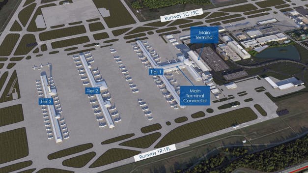 A rendering of the airfield shows new infrastructure to support passenger growth at Dulles International.