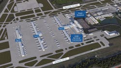 A rendering of the airfield shows new infrastructure to support passenger growth at Dulles International. A rendering of the airfield shows new infrastructure to support passenger growth at Dulles International.