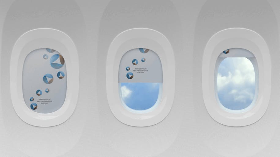 Three aircraft windows showcase Aerospace Technologies Group (ATG) window shades