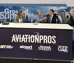 Ground Support Worldwide Editor Jenny Lescohier interviews 2025 Leaders of the Year award recipients at GSE Expo in Las Vegas. Shown here are Cindy Redwine, left, surviving wife of Lifetime Achievement award winner Don Redwine, and Guillermo Vega, Regional Security Manager of SAASA, which received the Service Leader of the Year award. Ground Support Worldwide Editor Jenny Lescohier interviews 2025 Leaders of the Year award recipients at GSE Expo in Las Vegas. Shown here are Cindy Redwine, left, surviving wife of Lifetime Achievement award winner Don Redwine, and Guillermo Vega, Regional Security Manager of SAASA, which received the Service Leader of the Year award.