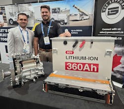 Anthony Marafino, president of True North GSE, left, and Guillaume Andre, co-founder and COO of Ingenext, at their booth during the International GSE Expo in Las Vegas, showcasing salvaged EV motor components repurposed to electrify ground support equipment. Anthony Marafino, president of True North GSE, left, and Guillaume Andre, co-founder and COO of Ingenext, at their booth during the International GSE Expo in Las Vegas, showcasing salvaged EV motor components repurposed to electrify ground support equipment.