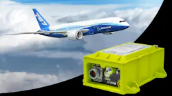a Boeing 787 aircraft flies in the sky with a piece of equipment in front of it