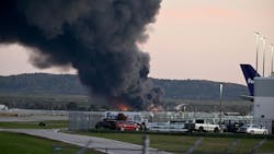 Fire and smoke mark where a UPS cargo plane crashed near Louisville Muhammad Ali International Airport on Tuesday, Nov. 4, 2025, in Louisville, Kentucky. The fully fueled plane crashed shortly after takeoff, with a shelter-in-place order issued for within 5 miles of the airport. (Stephen Cohen/Getty Images/TNS) Fire and smoke mark where a UPS cargo plane crashed near Louisville Muhammad Ali International Airport on Tuesday, Nov. 4, 2025, in Louisville, Kentucky. The fully fueled plane crashed shortly after takeoff, with a shelter-in-place order issued for within 5 miles of the airport. (Stephen Cohen/Getty Images/TNS)