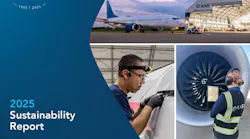 Two photos of technicians working on airplane and a third photo of an airplane sit on a blue background