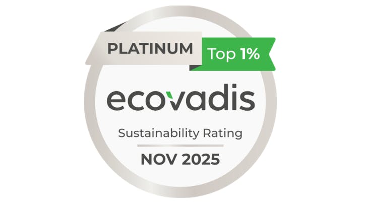 A grey circle surrounds text reading 'Platinum Top 1% EcoVadis Sustainability Rating Nov 2025'